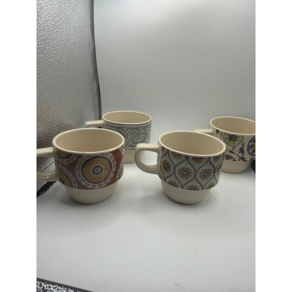PIER 1 IMPORTS Mugs Stacking Ceramic SET of 4 with Metal Rack